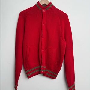 Red Button-Front Men's Knit Sweater with Striped Trim